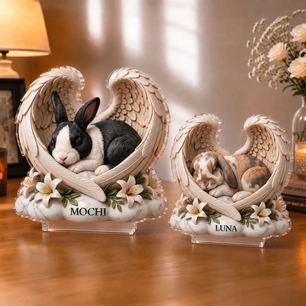 Personalized 3D-Effect Artwork Rabbit Photo Angel Wings Floral Clear Acrylic Plaque with Name Memorial Gift for Pet Rabbit Owners 6