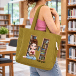 Personalised Cartoon Character Reading Girl Large Capacity Corduroy Tote Bag with Name Daily Use Birthday Christmas Gift for Women