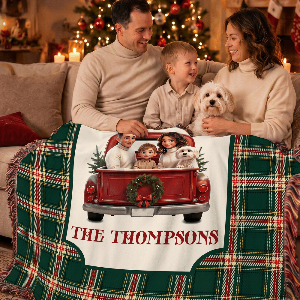Personalised 3D-Effect Artwork Photo Pickup Lorry Plaid Blanket with Tassels and Family Surname Soft Home Decor Christmas Gift for Family Friend 3