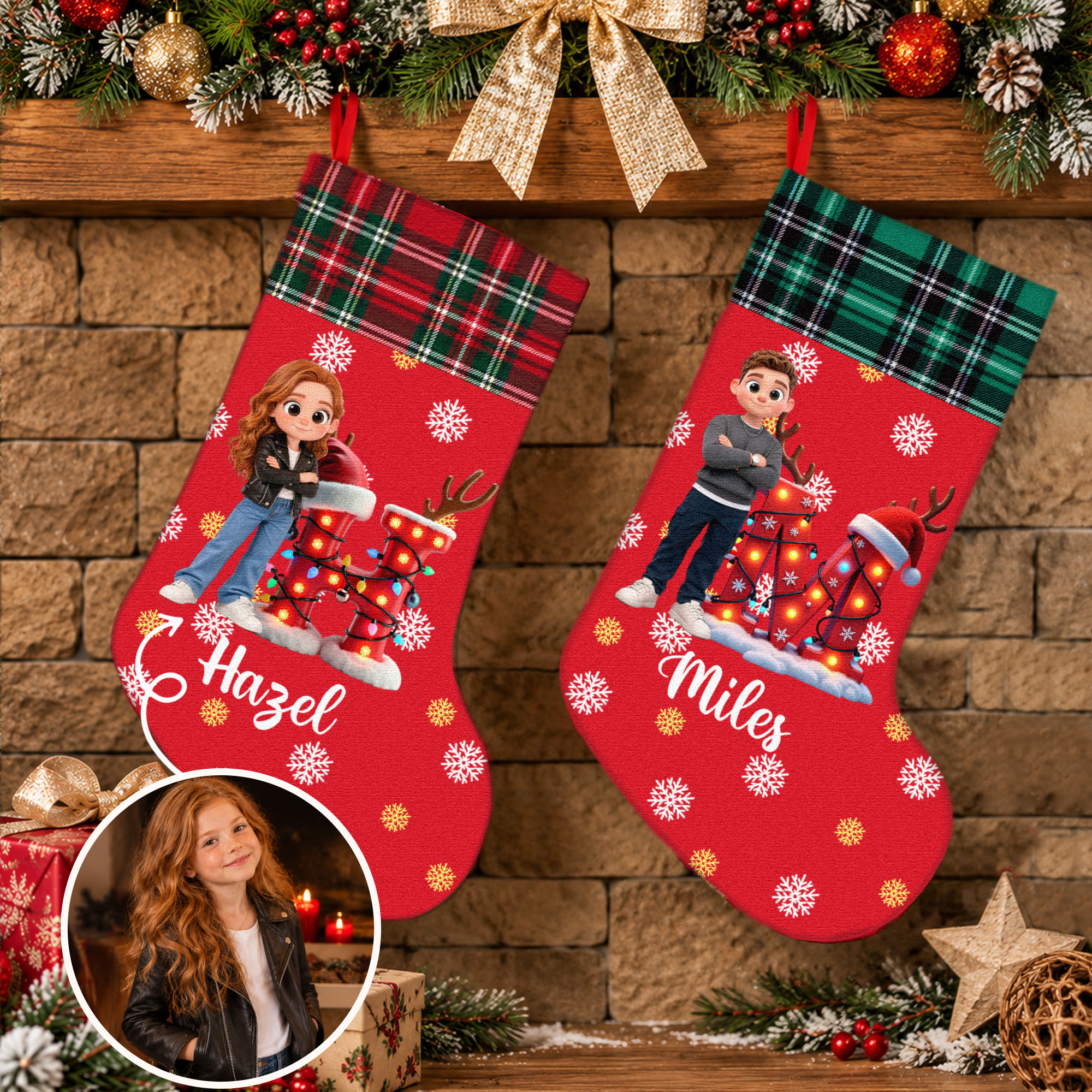 Personalized 3D-Effect Artwork Photo Snowflake Plaid Pattern Christmas Stocking with Name and Initial Christmas Gift for Family Kids Friends