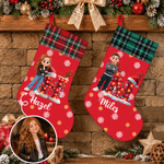 Personalised 3D-Effect Artwork Photo Snowflake Plaid Pattern Christmas Stocking with Name and Initial Christmas Gift for Family Kids Friends 1