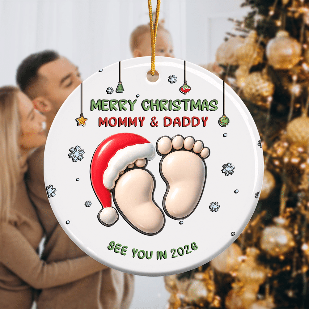 Personalised Merry Christmas Footprint Round Ceramic Ornament with Title and Year Tree Decor Christmas Baptism Gift for Baby Kids 5