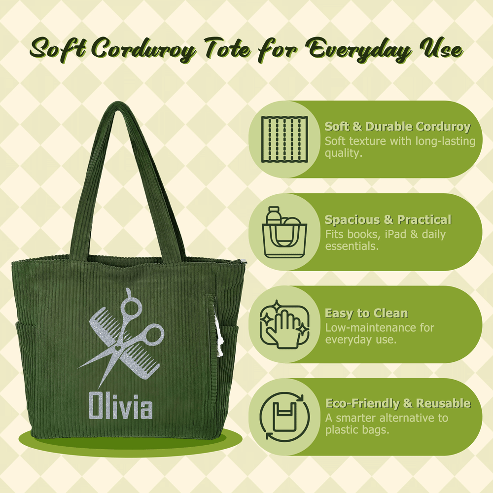 Personalized Hairdressing Theme Scissors Comb Pattern Large Capacity Corduroy Tote Bag with Name Daily Use Work Birthday Gift for Salon Worker 7