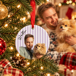 Addobbo natalizio personalizzato in ceramica, a forma di cuore o rotondo, con foto acquerellata a strisce e testo: regalo di Natale per la famiglia e le coppie