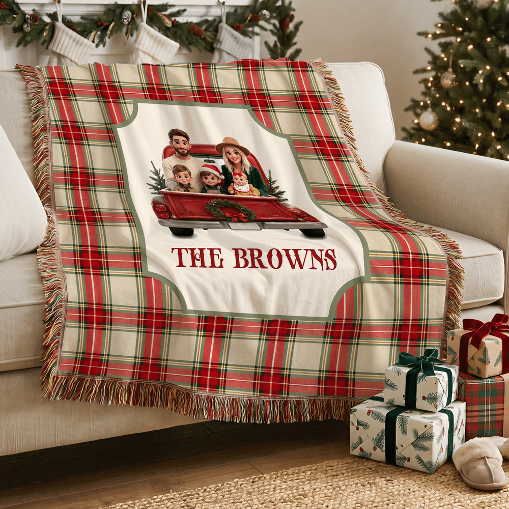 Personalised 3D-Effect Artwork Photo Pickup Lorry Plaid Blanket with Tassels and Family Surname Soft Home Decor Christmas Gift for Family Friend 2
