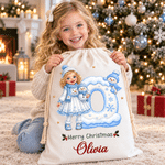 Personalized 3D-Style Art Christmas Cartoon Character Photo Canvas Drawstring Gift Bag with Initial and Name Christmas Gift for Boys Girls