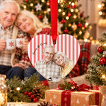 Addobbo natalizio personalizzato in ceramica, a forma di cuore o rotondo, con foto acquerellata a strisce e testo: regalo di Natale per la famiglia e le coppie