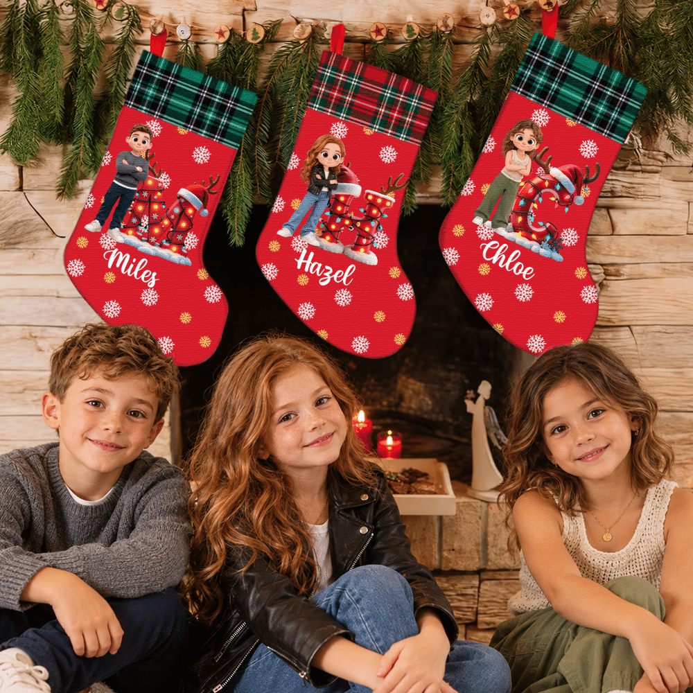 Personalised 3D-Effect Artwork Photo Snowflake Plaid Pattern Christmas Stocking with Name and Initial Christmas Gift for Family Kids Friends 5
