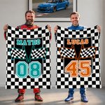 Personalized Checkered Flag Racing Design Soft Throw Blanket with Name and Number Home Decor Father's Day Birthday Gift for Man Racing Enthusiast
