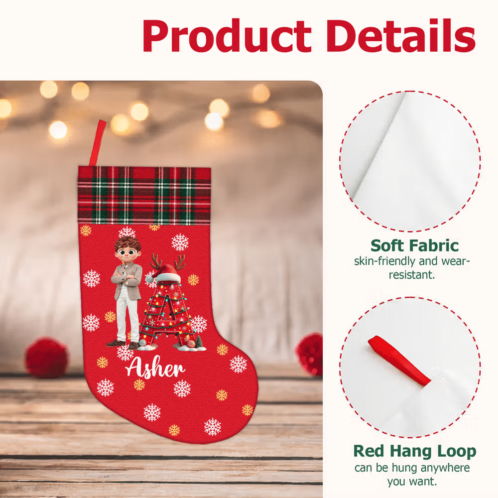 Personalised 3D-Effect Artwork Photo Snowflake Plaid Pattern Christmas Stocking with Name and Initial Christmas Gift for Family Kids Friends 8