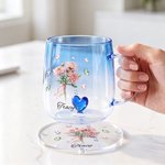 Personalised Butterfly Birth Flower 3D Heart Ornament Glass Mug with Name Mother's Day Birthday Gift for Mum Woman