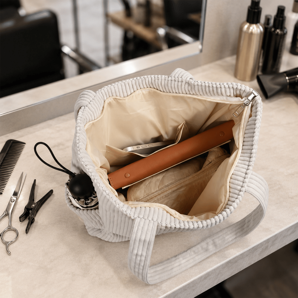 Personalized Hairdressing Theme Scissors Comb Pattern Large Capacity Corduroy Tote Bag with Name Daily Use Work Birthday Gift for Salon Worker 4