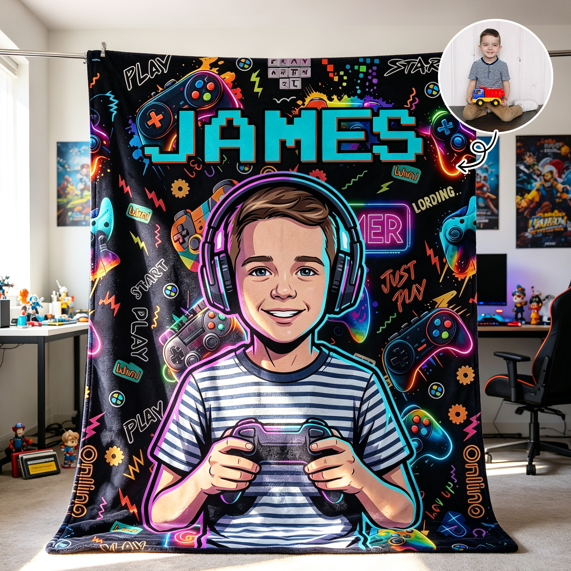 Individuell gestaltete, weiche Kuscheldecke mit Spielkonsolen-Motiv, Cartoon-Bild und Foto sowie Namenszug – Wohnaccessoire, Geschenk für Spieleabende und Geburtstage für kleine Gamer (Mädchen und Jungen)