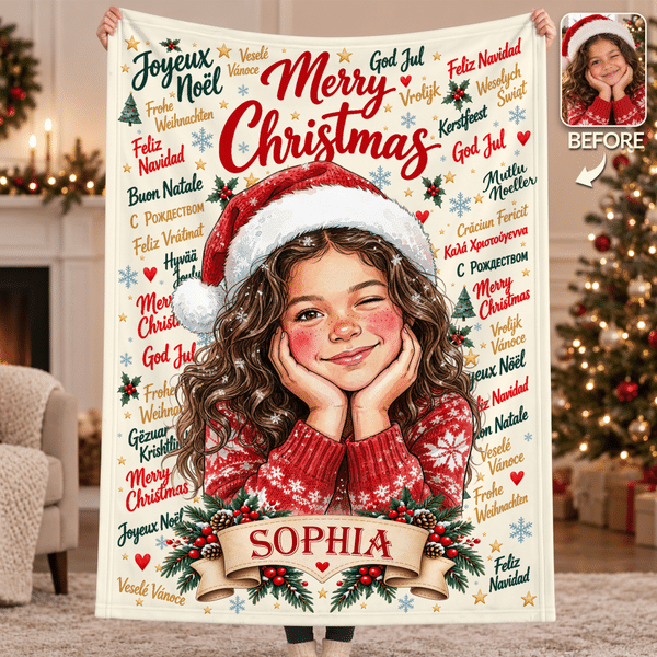 Personalized Retro Style Photo Multilingual Merry Christmas Soft Throw Blanket with Name Home Decor Christmas Gift for Family Friend