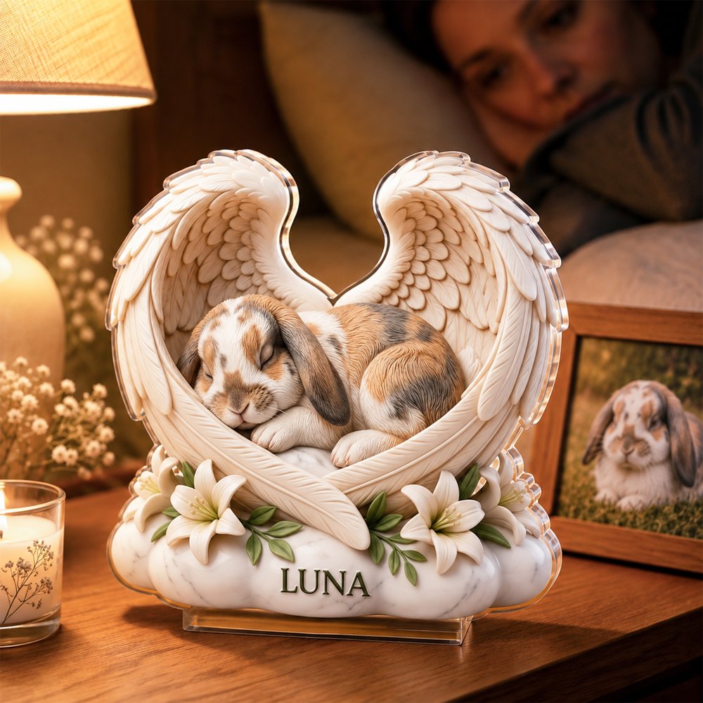 Personalized 3D-Effect Artwork Rabbit Photo Angel Wings Floral Clear Acrylic Plaque with Name Memorial Gift for Pet Rabbit Owners 5