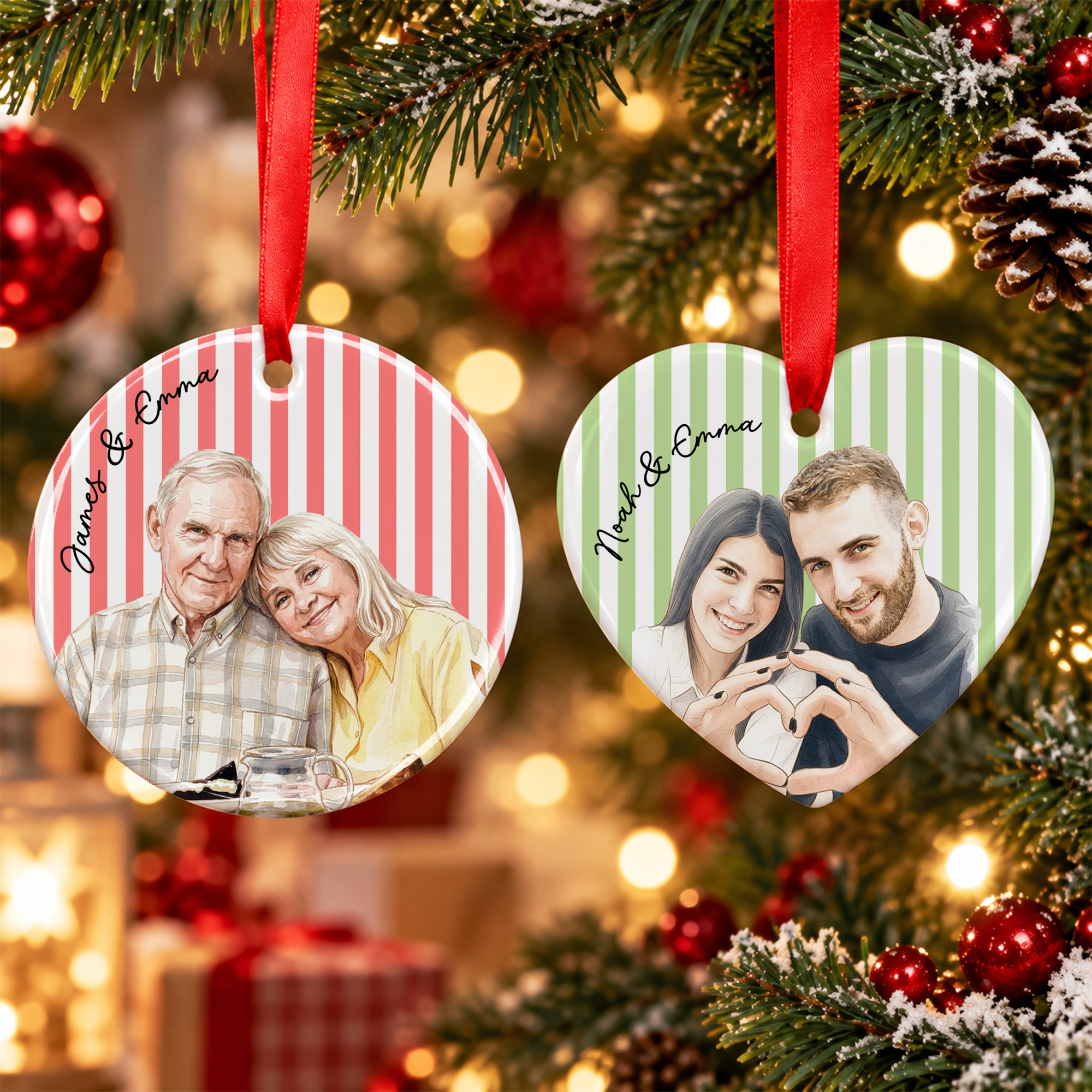 Personalised Striped Watercolor Photo Heart or Round Ceramic Christmas Ornament with Text Christmas Gift for Family Couples