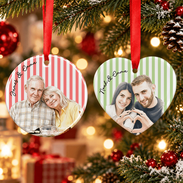 Personalised Striped Watercolor Photo Heart or Round Ceramic Christmas Ornament with Text Christmas Gift for Family Couples