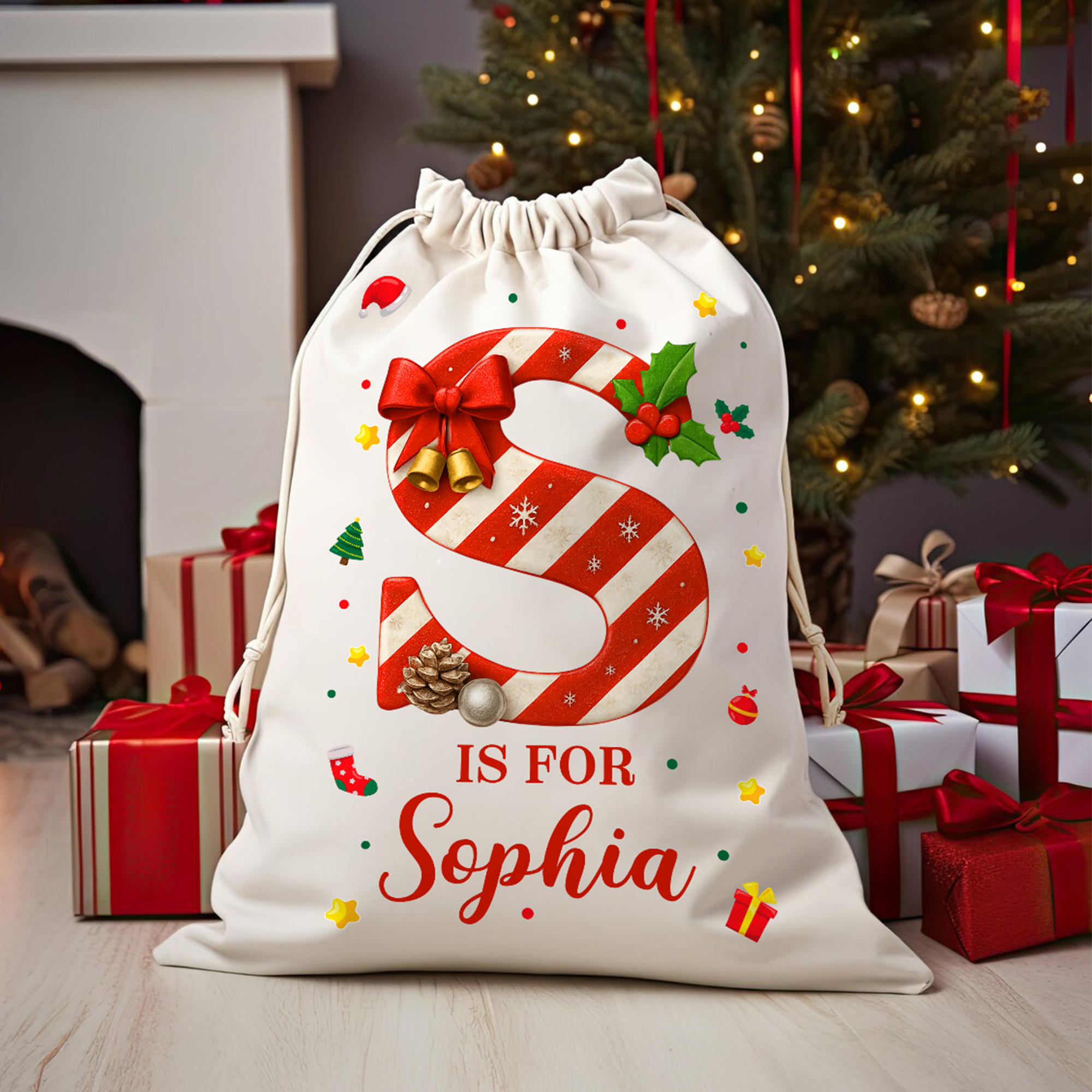 Personalisierte Weihnachten Zuckerstange anfängliche Canvas Drawstring Geschenk Tasche mit Namen Weihnachtsgeschenk für Familie Freunde