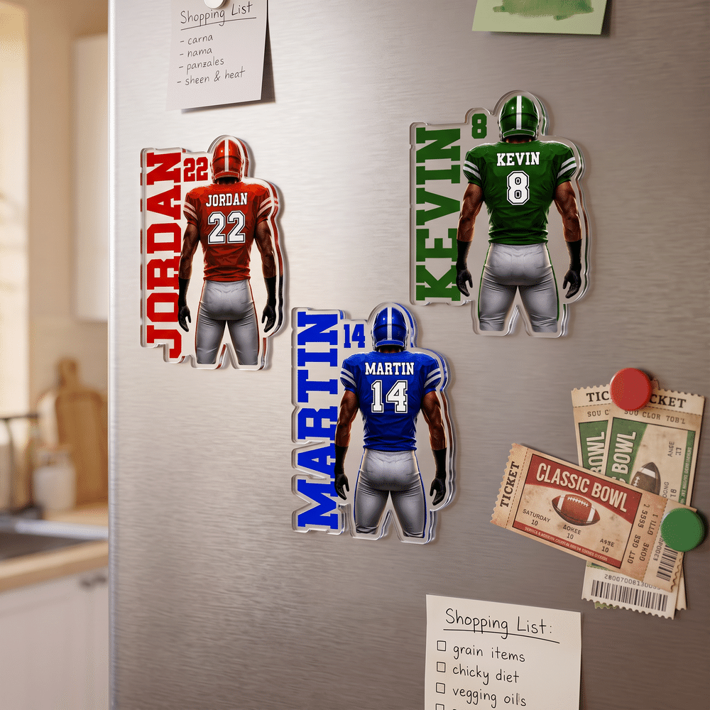 Personalised American Football Player Shirt Acrylic Magnetic Fridge Magnet with Name and Number Home Decor Game Day Birthday Gift for American Football Player Lover 3