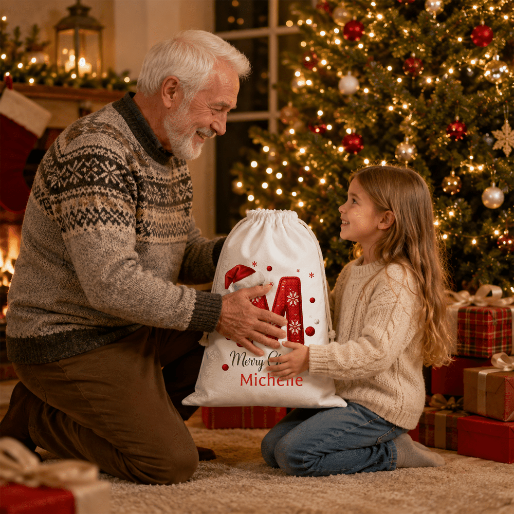 Gepersonaliseerde, schattige kerstmuts met initiaal – herbruikbare kersttas van canvas met grote inhoud en naam – vrolijk kerstcadeau voor kinderen en het hele gezin 4