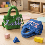 Bolso bandolera ligero de pana con parche personalizado de un animalito con flores, con nombre; ideal para el día a día y como regalo de cumpleaños para niñas 4
