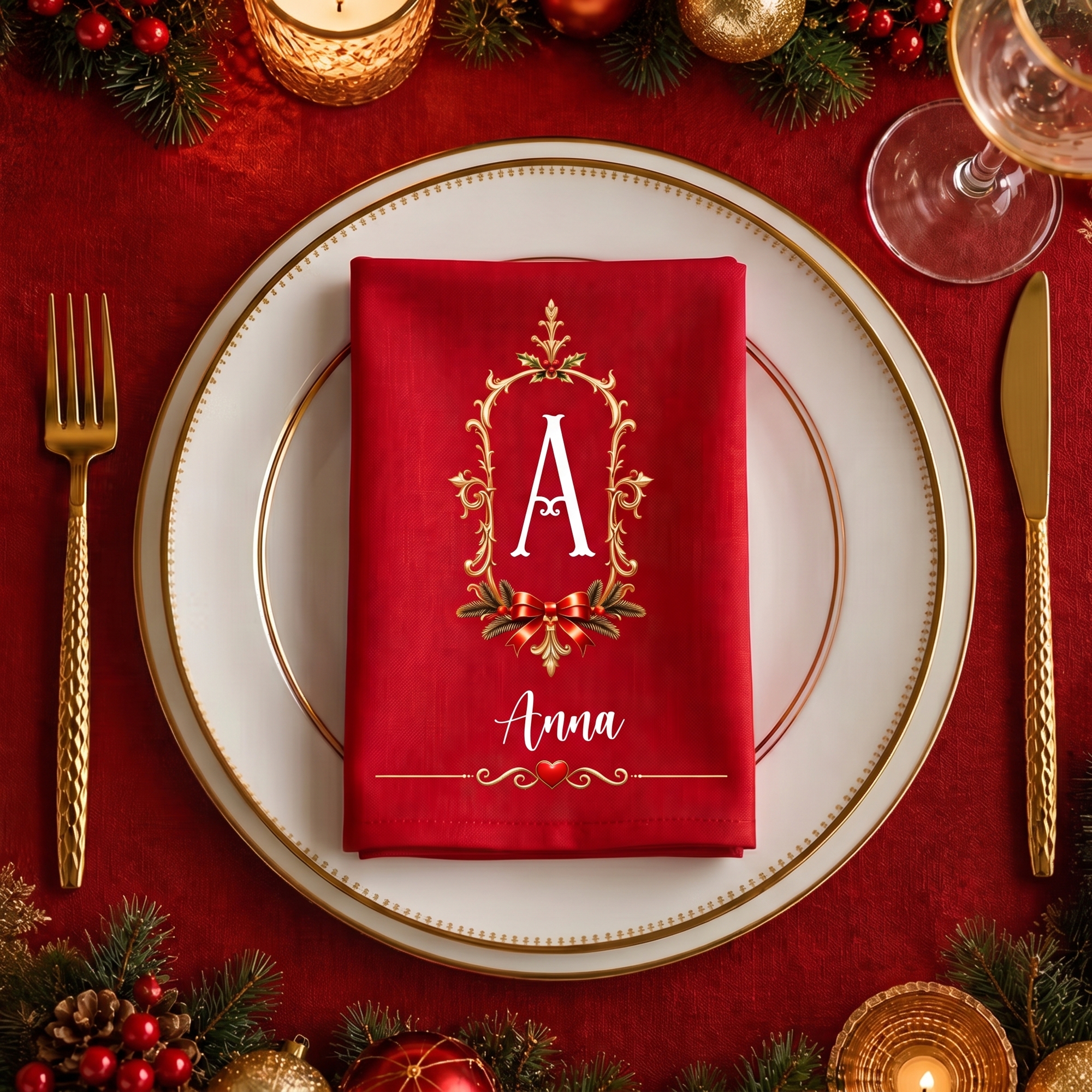 Personalisierte Stoffserviette im Vintage-Stil | mit Namen & Initiale | 100% Baumwolle & Wiederverwendbar | Weihnachtsgeschenk für Familie und Freunde