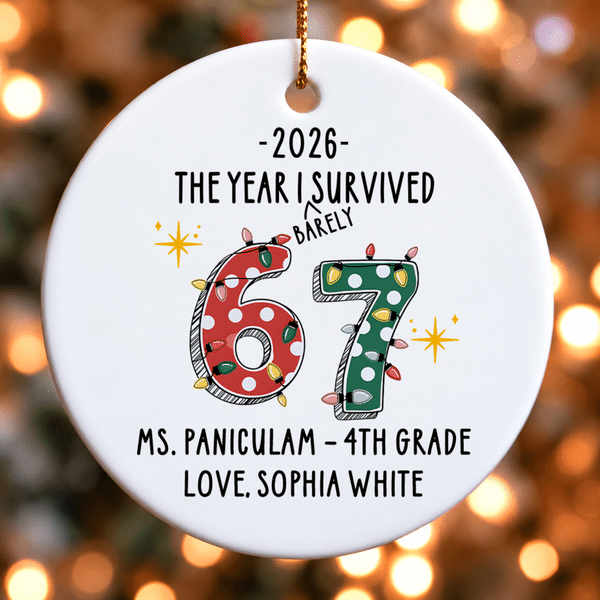 Personalised The Year I Barely Survived Funny 67 Ceramic Ornament with Text and Year Tree Decor Christmas Gift for Teacher Co-Worker