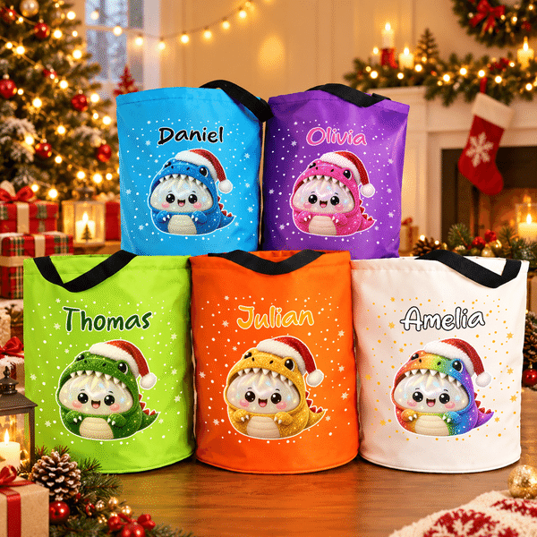 Bolso tipo cubo con luz LED, con diseño personalizado de dinosaurios y temática navideña, ideal como regalo de Navidad para niños y toda la familia