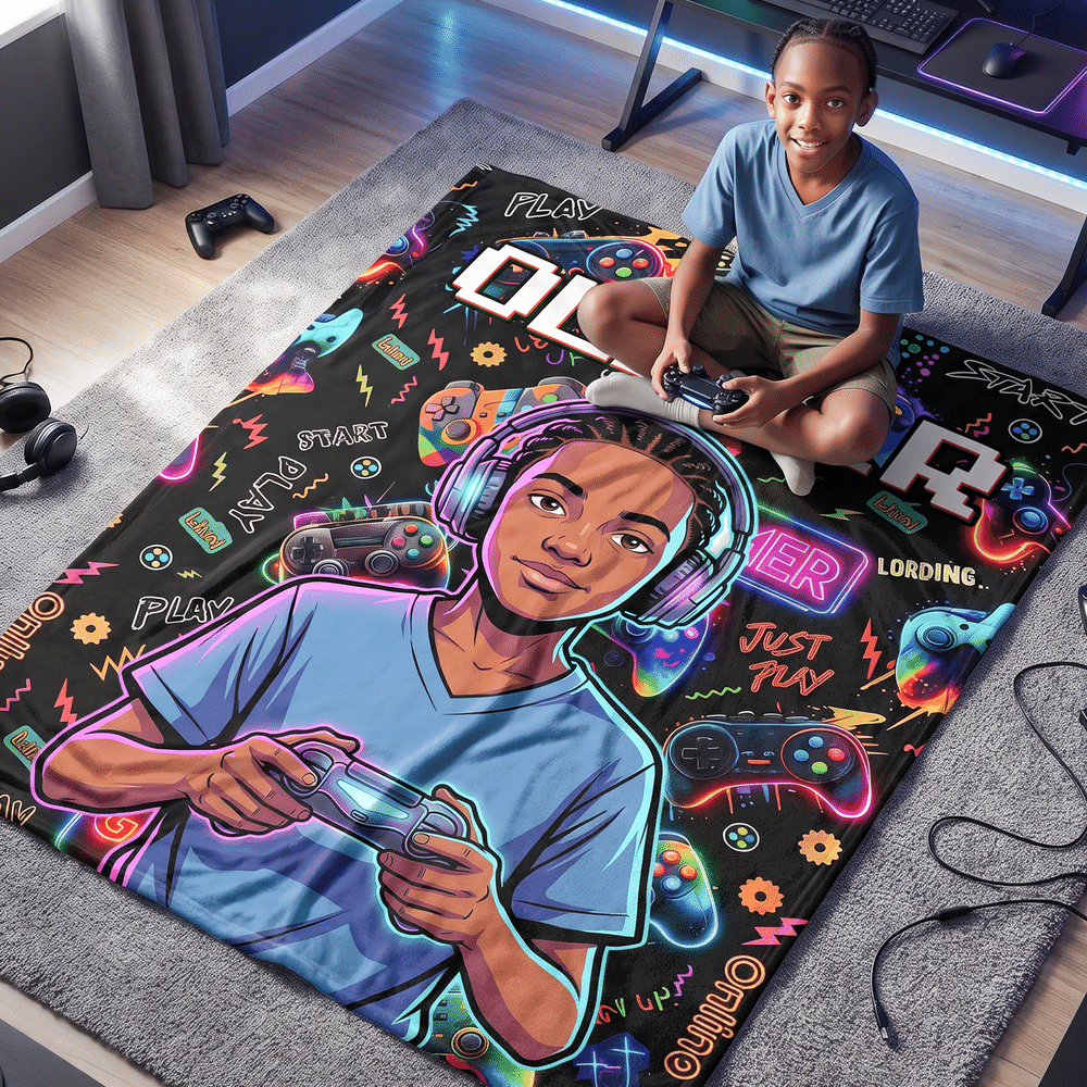 Gepersonaliseerde, zachte plaid met spelconsole-motief, cartoonafbeelding en foto, met naam – woondecoratie, cadeau voor een spelletjesavond of verjaardag voor een gamer, meisje of jongen 2
