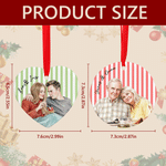 Addobbo natalizio personalizzato in ceramica, a forma di cuore o rotondo, con foto acquerellata a strisce e testo: regalo di Natale per la famiglia e le coppie