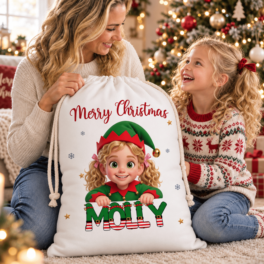 Personalized 3D-Effect Artwork Cartoon Character Photo Drawstring Christmas Gift Bag with Name Christmas Gift for Family Kids Friends 4