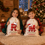 Gepersonaliseerde, schattige kerstmuts met initiaal – herbruikbare kersttas van canvas met grote inhoud en naam – vrolijk kerstcadeau voor kinderen en het hele gezin 6