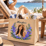 Personalised Photo Birth Flower Jute Tote Bag with Name Daily Use Beach Party Birthday Gift for Women Friends
