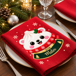 Personalised Cute 100% Cotton Cartoon Squishy Dumpling Christmas Napkin with Name and Year Dinner Table Decor Christmas Gift for Family Friends