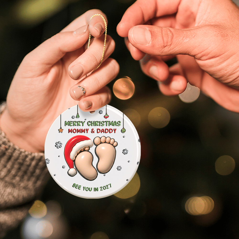 Personalised Merry Christmas Footprint Round Ceramic Ornament with Title and Year Tree Decor Christmas Baptism Gift for Baby Kids 9