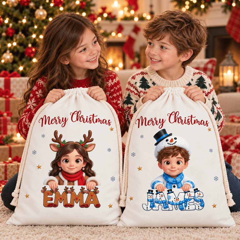Personalized 3D-Effect Artwork Cartoon Character Photo Drawstring Christmas Gift Bag with Name Christmas Gift for Family Kids Friends 5