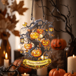 Personalized Acrylic Faux Stained Glass Jack-O'-Lantern Pumpkin Tree Suncatcher with Text Halloween Fall Window Decor Gift for Halloween Lovers
