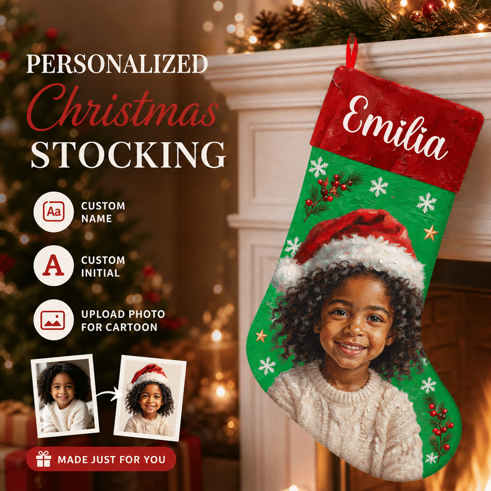 Personalized Santa Hat Oil Painting Photo Multicolor Christmas Stocking with Name Home Decoration Christmas Gift for Kid Family 6