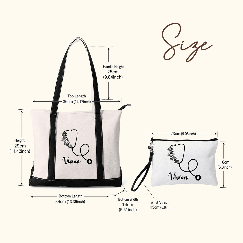 Personalized Floral Stethoscope Pattern Makeup Bag Tote Bag Set with Name Daily Use Birthday Nurse Day Gift for Nurses Healthcare Workers 8