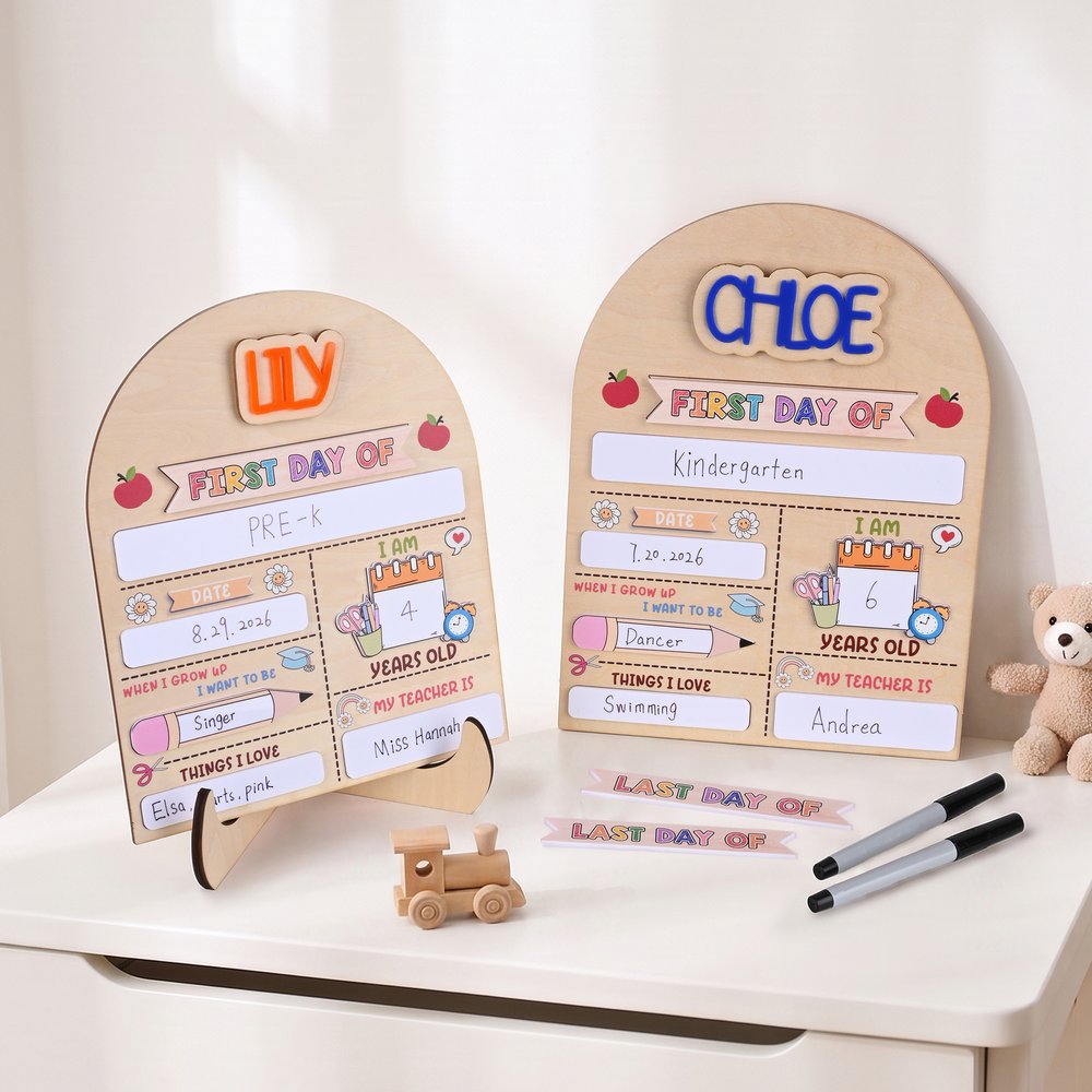 Personalised Colourful Pencial Notebook Elements First Last Day of School Wooden Sign Marker Pen Set Back to School Kindergarten Gift for Kids 2