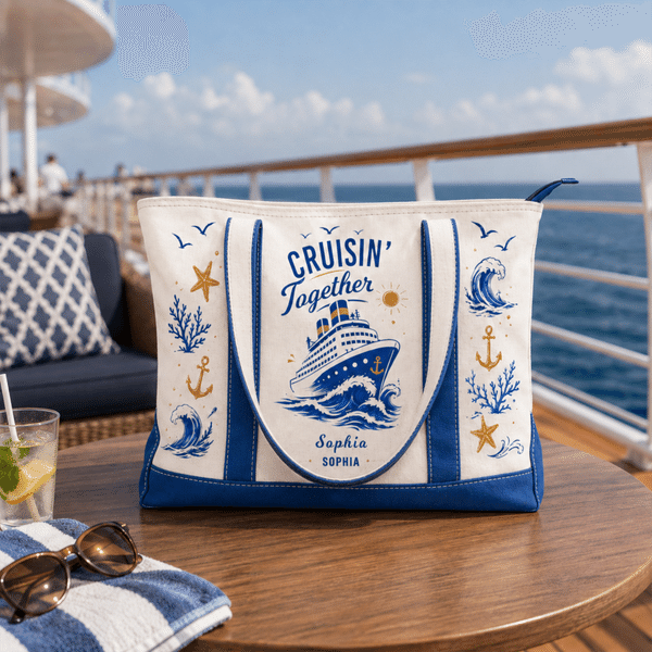 Sac fourre-tout en toile multicolore personnalisé, orné d'une ancre de bateau de croisière, avec prénom et texte : cadeau d'anniversaire sur le thème des vacances à la plage pour les voyageurs et les amis
