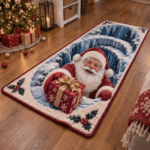 Christmas 3D Optical Illusion Rug, Snowman Santa Reindeer Decorative Runner Carpet, Indoor Floor Decor, Housewarming Gift for Loved Ones/Friends