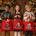 Bolso de yute rojo con diseño personalizado con efecto 3D, temática navideña, personaje de dibujos animados tumbado y foto, con nombre; regalo navideño para la familia y los niños