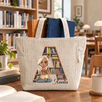 Personalised Cartoon Character Reading Girl Large Capacity Corduroy Tote Bag with Name Daily Use Birthday Christmas Gift for Women