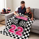 Personalized Checkered Flag Racing Design Soft Throw Blanket with Name and Number Home Decor Father's Day Birthday Gift for Man Racing Enthusiast