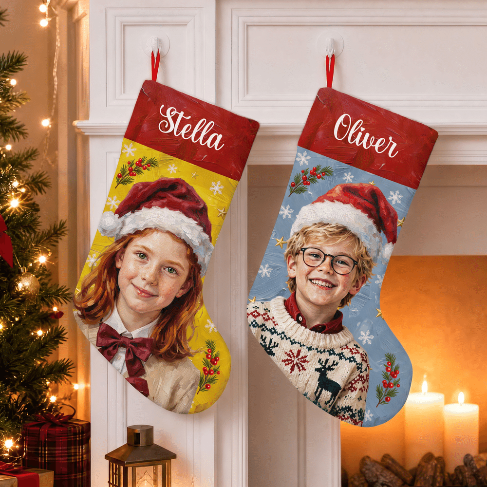 Personalized Santa Hat Oil Painting Photo Multicolor Christmas Stocking with Name Home Decoration Christmas Gift for Kid Family 2