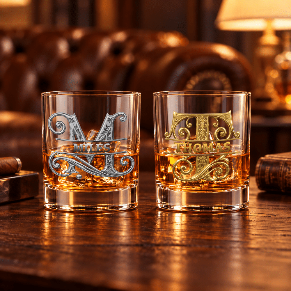Personalised Retro Pattern 10oz Initial Whisky Glass with Name Party Birthday Gift for Whisky Lovers 2