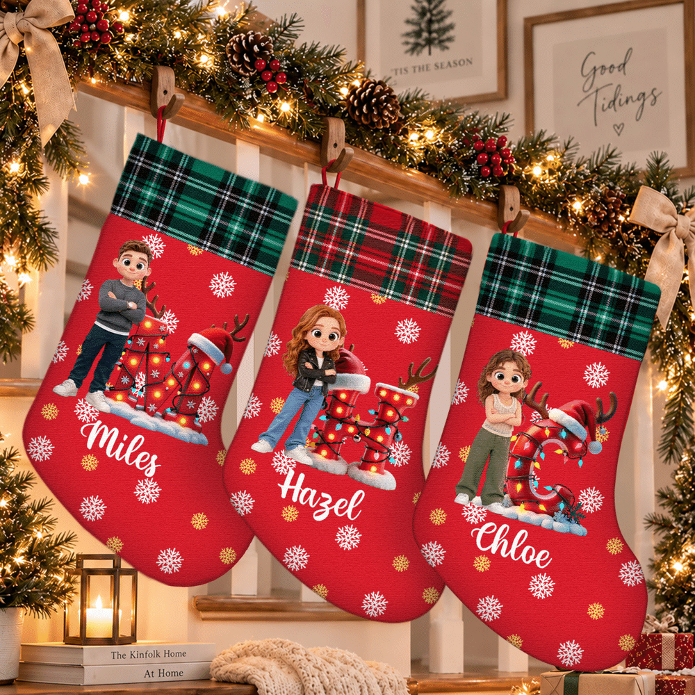 Personalised 3D-Effect Artwork Photo Snowflake Plaid Pattern Christmas Stocking with Name and Initial Christmas Gift for Family Kids Friends 7