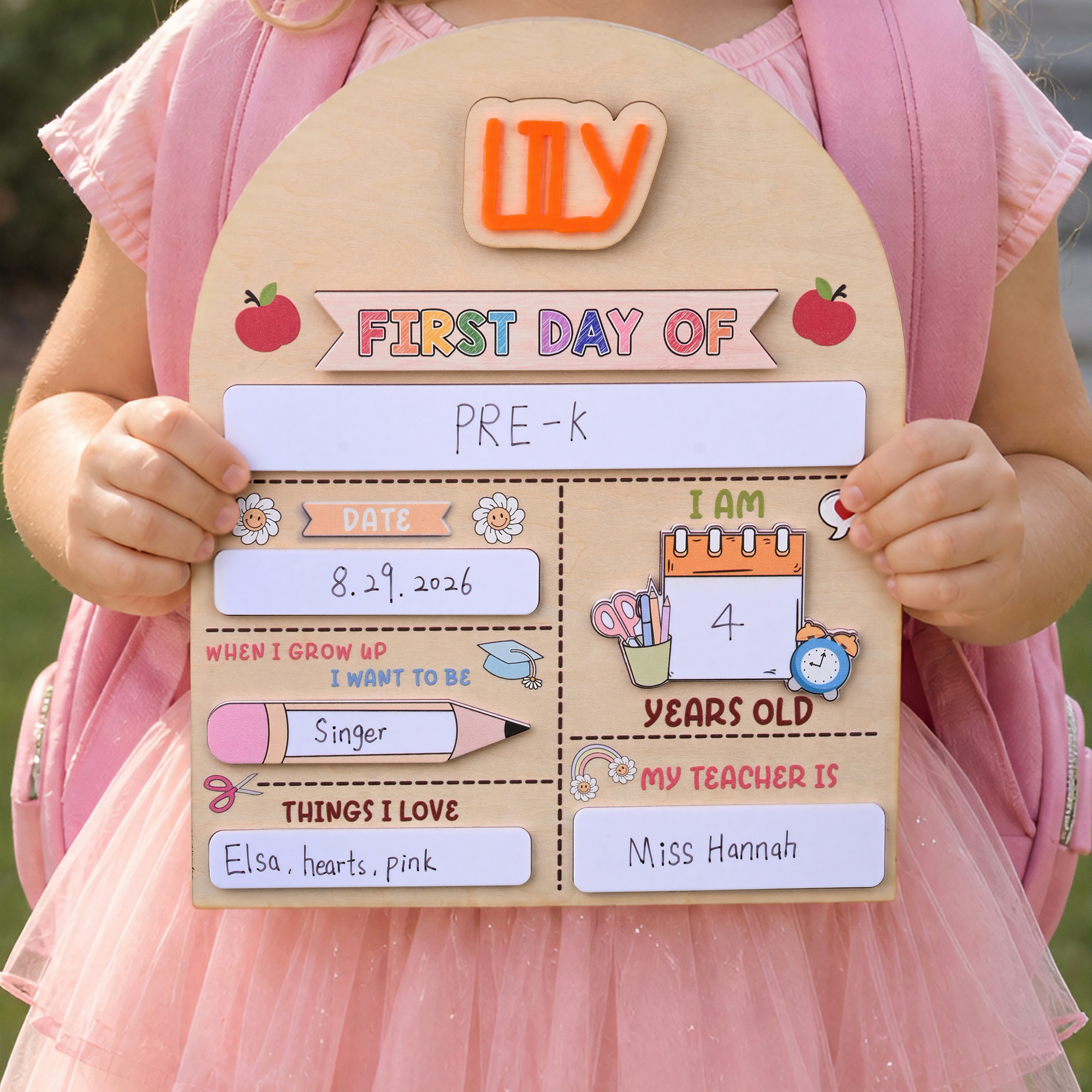 Individuell gestaltete, farbenfrohe Notizbuch-Elemente mit Bleistift-Motiven – Holzschild „Erster und letzter Schultag“ – Filzstift-Set – Geschenk zum Schulanfang für Kinder im Kindergartenalter