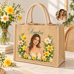 Personalised Photo Birth Flower Jute Tote Bag with Name Daily Use Beach Party Birthday Gift for Women Friends